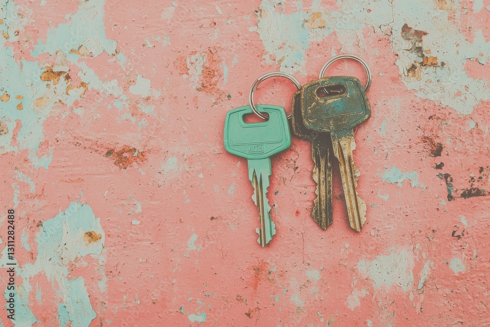 Poster small blue keys arranged in a pattern with one green key serve to unlock the abstract composition