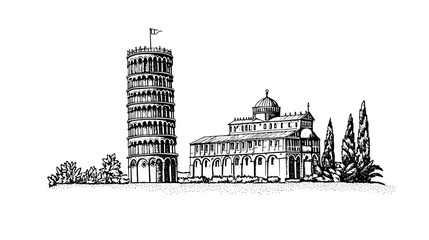Obraz premium Illustrative engraving of leaning tower and building amidst lush greenery captured in classic vector style for artistic applications