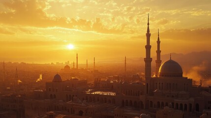 Naklejka premium A beautiful city skyline basked in the golden sunset light