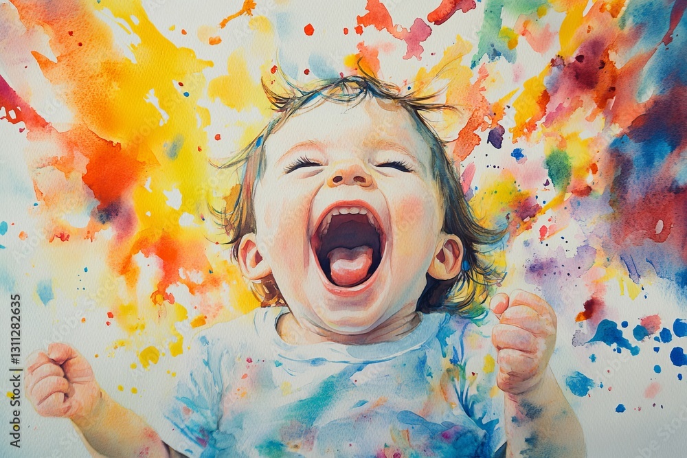 Poster a child is smiling and laughing in a painting with a colorful background