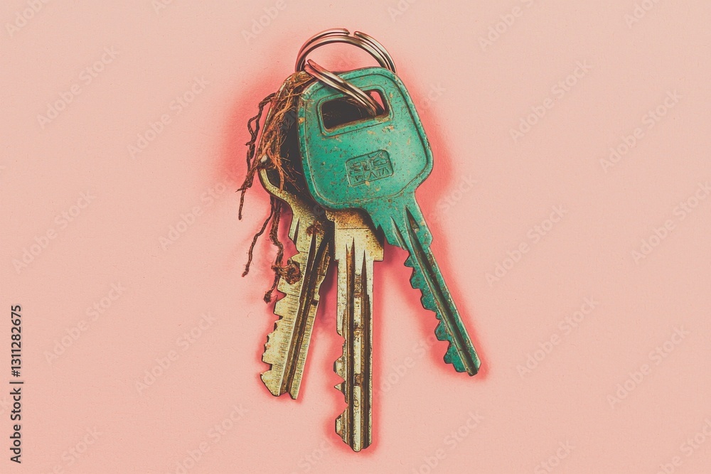 Poster a pattern of small blue keys along with a single green key unlocks an abstract composition