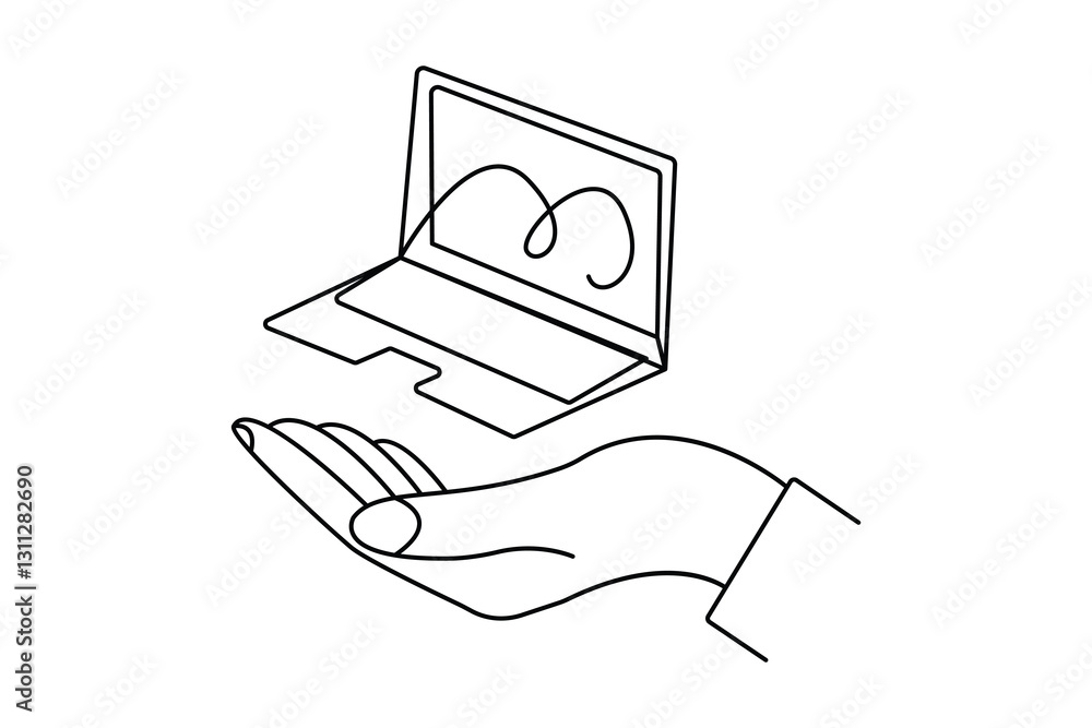 Poster continuous line drawing representing a modern laptop computer on black and white background