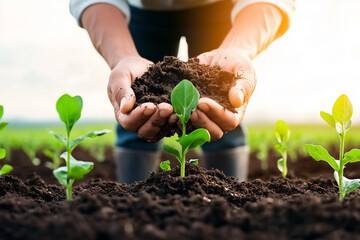 In a minimalist setting, a person examines rich soil while inspecting budding grain plants. Their slightly muddy rubber boots contrast with the lush greenery beneath a dramatic overcast sky