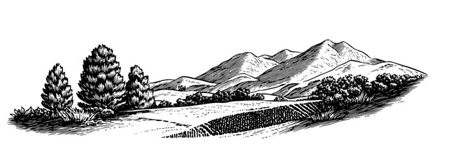 Obraz premium Majestic mountain landscape engraved in detailed vintage style with lush greenery and serene fields