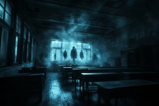 A school classroom with four people in the background and a foggy atmosphere
