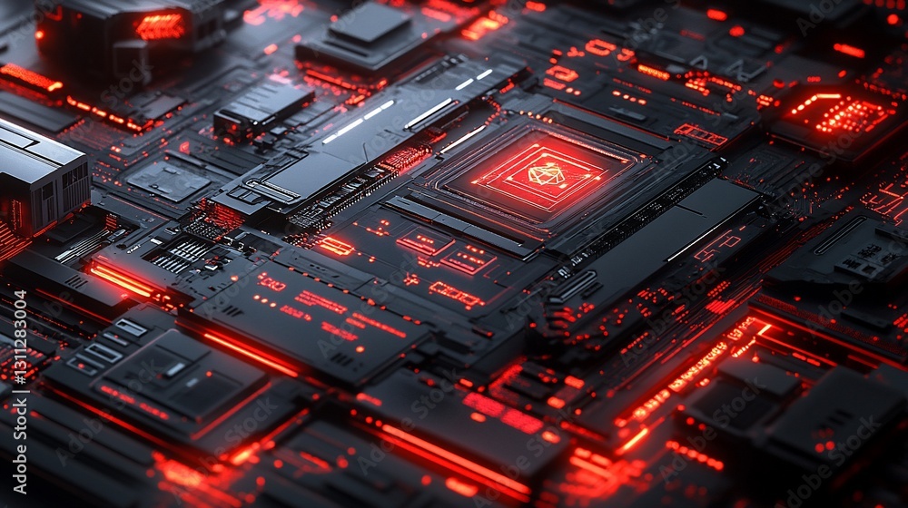 Poster futuristic circuit board with red luminous components