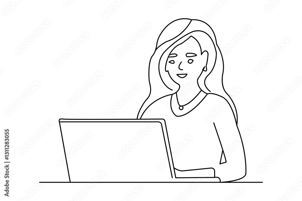 Poster continuous line drawing representing a modern laptop computer on black and white background