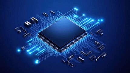High-tech microchip circuit board with glowing blue lines, detailed 3D render of computer processor.