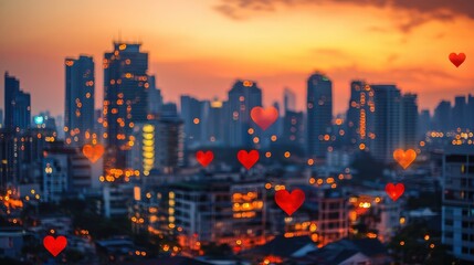 Obraz premium Dreamy heart shapes adorning urban skyline at sunset soft focus romantic concept city atmosphere