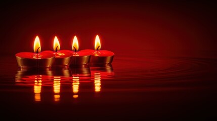 Elegant heart candles glowing on deep red gradient romantic event cozy atmosphere warm lighting