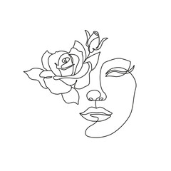 Continuous Line Drawing of Female Head with Flowers. Beauty Vector Concept for Minimalist Design. Floral Woman Portrait Creative Line Art Drawing. 