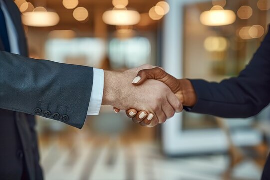 A man and a black woman in business suits shaking hands, blurred light office interior in the background. AI generative