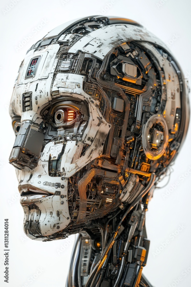 Poster futuristic robot head with intricate circuit details and design
