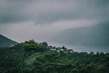 Foggy mountain view near Bergen with fjord