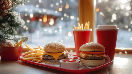 Obraz premium cheeseburgers french fries winter festive food meal red eat lunch brown tasty juicy happy