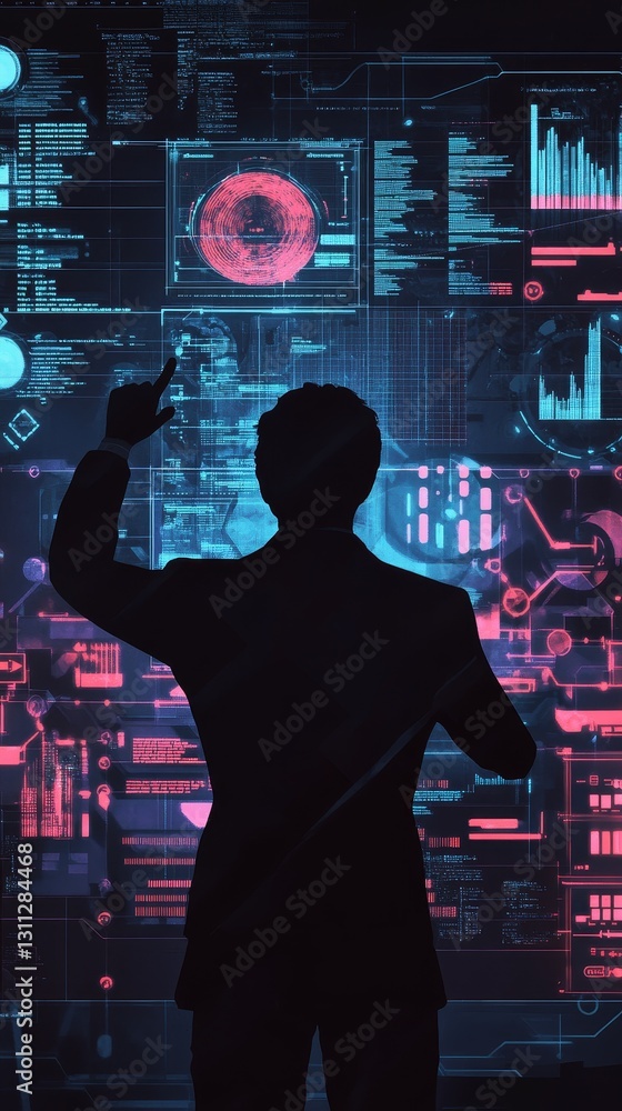 Poster a man is pointing at a computer screen with a lot of data on it