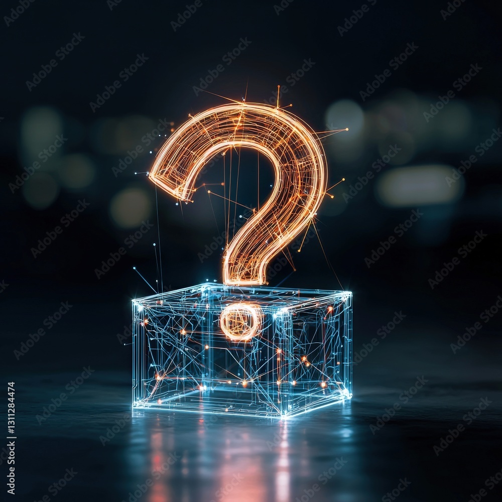 Poster a cube with digital lines forming a glowing question mark.