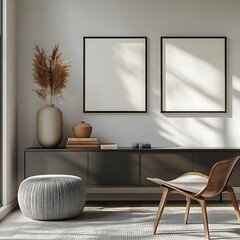 A sideboard with a black metal frame on the wall, two white blank poster frames on top of it, a beautiful vase, and some books inside, creating a cozy modern home interior design.
