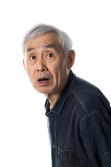 Obraz premium Elderly man with surprised expression looking at camera, isolated on white background, senior portrait, aging, emotions, active lifestyle, curiosity, candid.