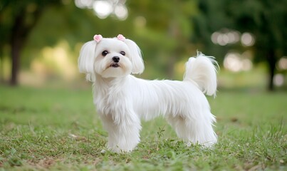 A beautiful show-quality Maltese dog stands in a green park, Generative AI