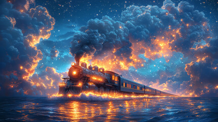 Steam locomotive on the background of the night sky with clouds. Fantasy illustration background.