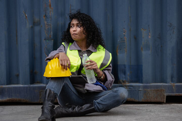 Container industry person sitting at warehouse cargo container ship tired of overworked. Female...