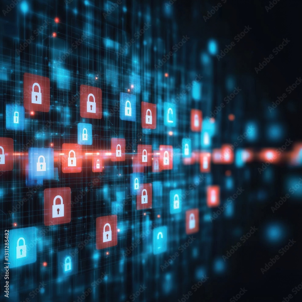 Poster a cybersecurity scene visualized with glowing locks and shields in a matrix background.