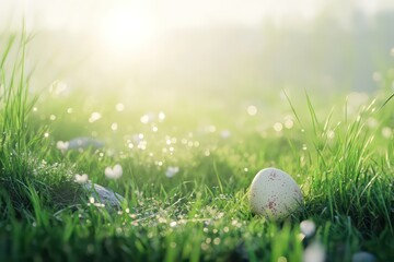 A photorealistic Easter setup, hand-painted eggs hidden among lush spring grass, morning dew shimmering, soft-focus background