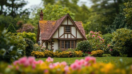 Charming cottage nestled in a vibrant garden.