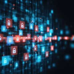 Obraz premium A cybersecurity scene visualized with glowing locks and shields in a matrix background.