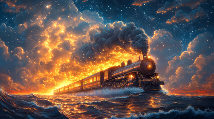 Steam locomotive on the sea at night. Fantasy illustration background.