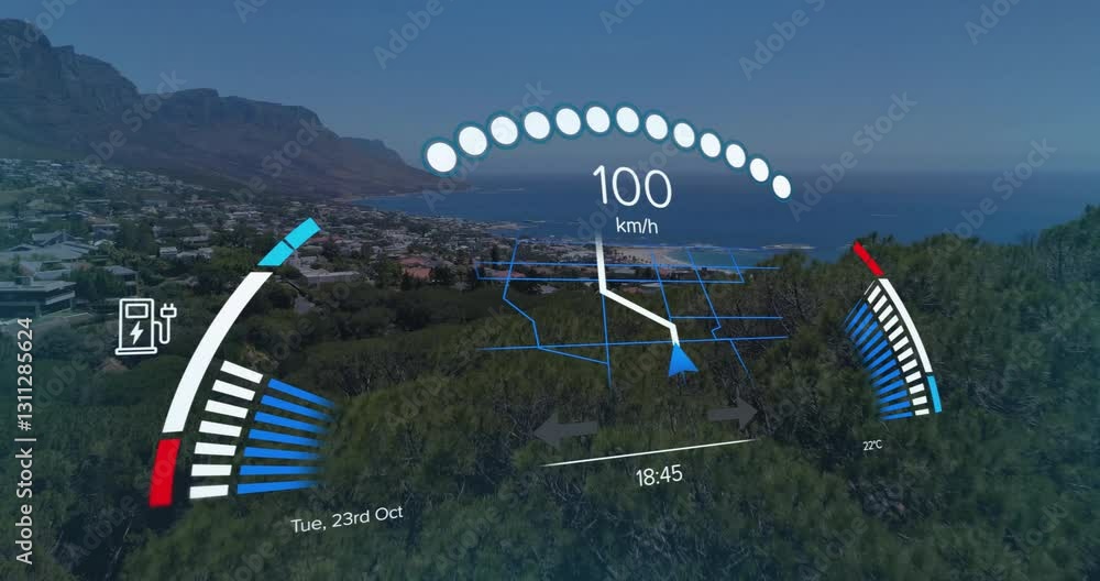 Poster animation showing digital speedometer and navigation overlay over coastal landscape