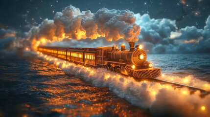 Steam locomotive on the sea at night. Fantasy illustration background.