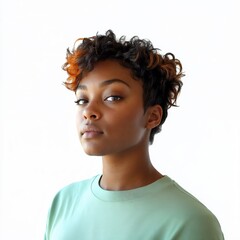 Person with warm bronze skin, short black hair with orange tips in a crisp seafoam green shirt, casual lean, radiant sun-kissed glow, full view, isolated on white background - Generative AI