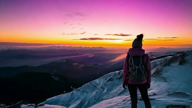Girl in pink jacket standing on top of mountain when sun goes down. Conceptual composition of gold and achievements. mood and tourism, vacation. Tropical resort. Natural landscape background