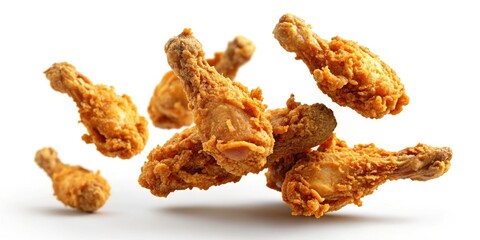 Airborn Fried Chicken Legs, Night Photography, Isolated White Background, Food Photo, Culinary Image