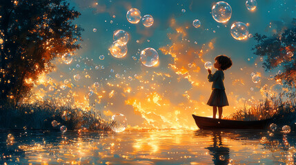 Little girl in a boat catches soap bubbles on the lake at sunset. Fantasy illustration background.