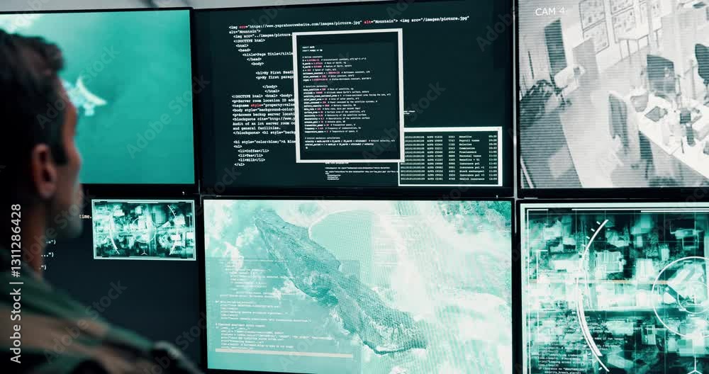 Poster man, army and computer screen for security surveillance, military air control and monitoring war. ba