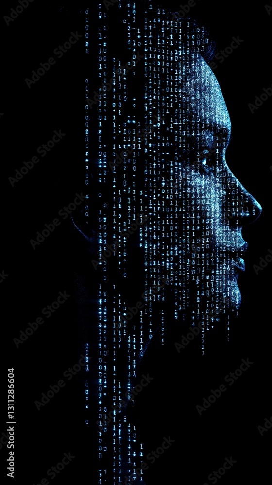 Poster profile of a woman forming with binary code on black background