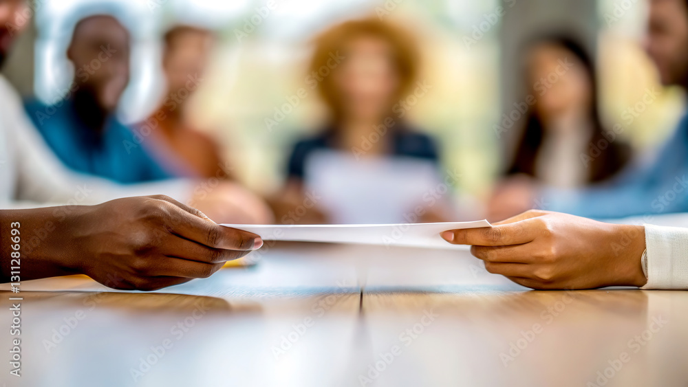 Poster workplace diversity equality growth concept. hands exchanging a document in a meeting with blurred a
