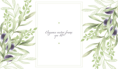 Vector watercolor border of hand drawn olives branches for design. Botanical illustration.