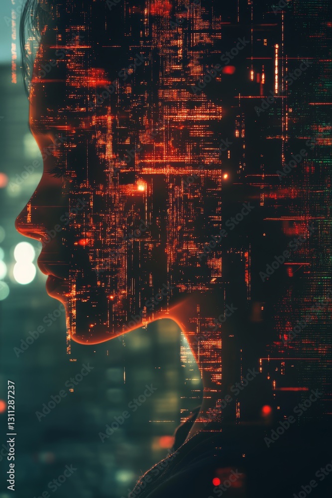 Poster abstract portrait with digital data visualization and lights