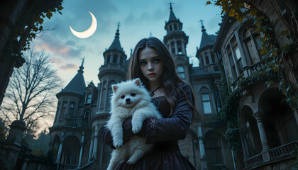 Woman Holding Dog in Front of Dark Gothic Style Building at Night