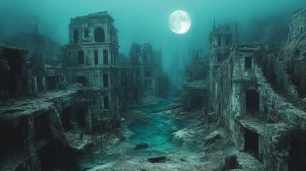 Ruins of the old castle in the fog. Fantasy illustration background.