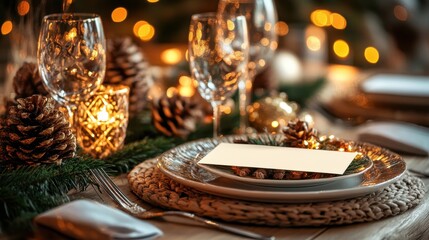 Naklejka premium Elegant Christmas table setting with blank card. Perfect for holiday invitations, menus, or festive announcements.