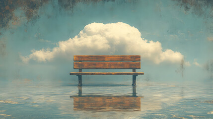 Wooden bench in the middle of the lake and sky with clouds. Fantasy illustration background.