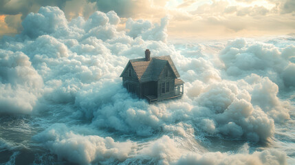A house in the clouds. Fantasy illustration background.