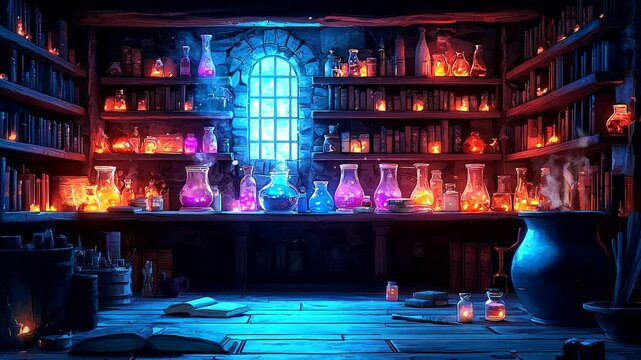 Mysterious alchemy laboratory with glowing potions and ancient books on wooden shelves. Seamless looping 4K time-lapse animation video background