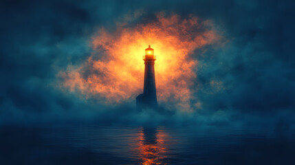 Lighthouse in the fog. Fantasy illustration background.