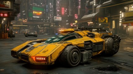 Futuristic yellow vehicle in a cyberpunk city street at night.